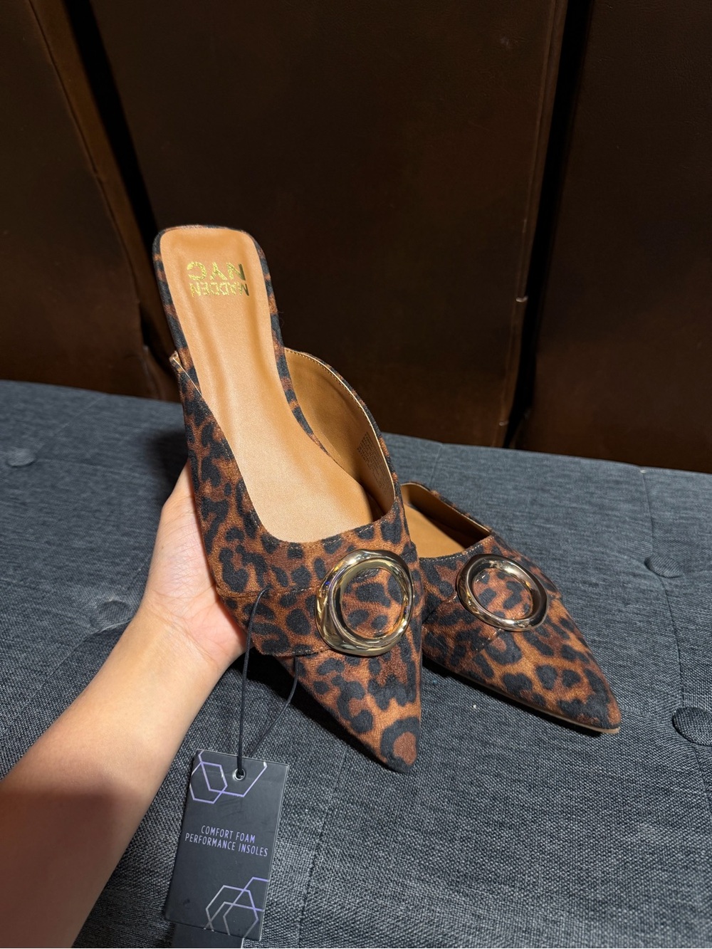 Madden NYC Leopard Pointed Toe Gold Ring Mules
